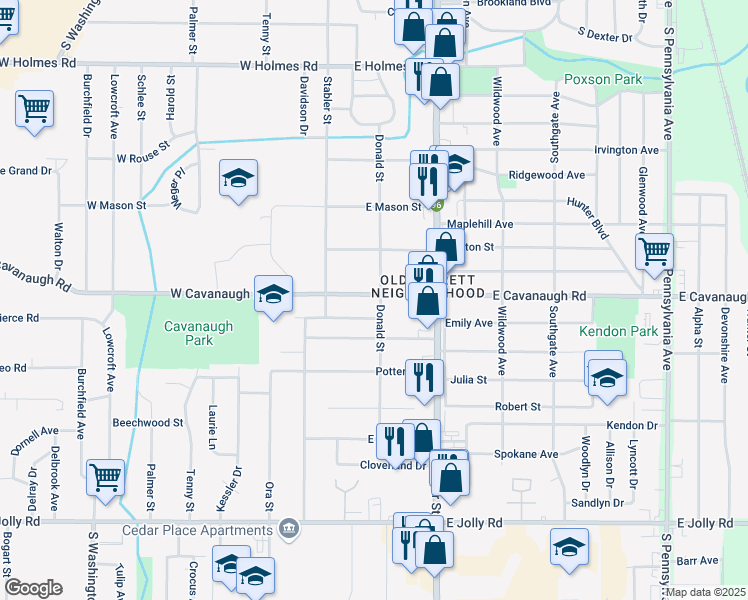map of restaurants, bars, coffee shops, grocery stores, and more near 222 East Cavanaugh Road in Lansing