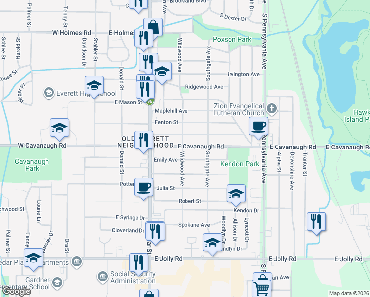 map of restaurants, bars, coffee shops, grocery stores, and more near 618 East Cavanaugh Road in Lansing