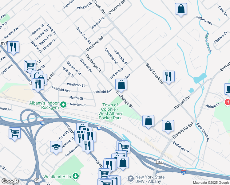 map of restaurants, bars, coffee shops, grocery stores, and more near 176 Exchange Street in Albany