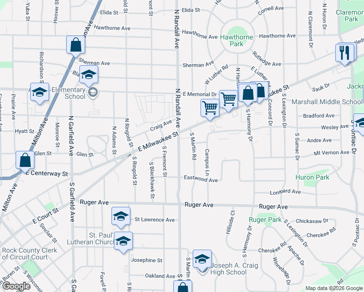 map of restaurants, bars, coffee shops, grocery stores, and more near 17 South Randall Avenue in Janesville
