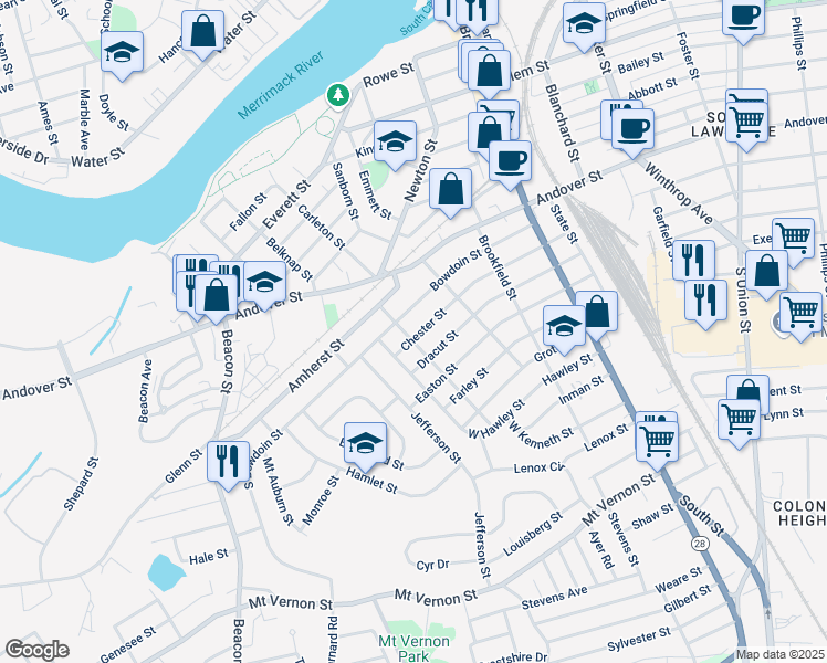 map of restaurants, bars, coffee shops, grocery stores, and more near 123 Chester Street in Lawrence