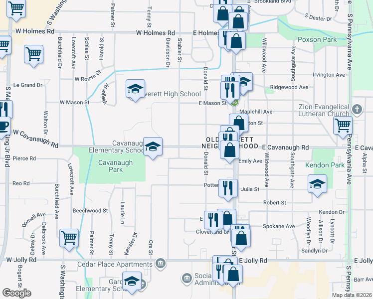 map of restaurants, bars, coffee shops, grocery stores, and more near 114 East Cavanaugh Road in Lansing