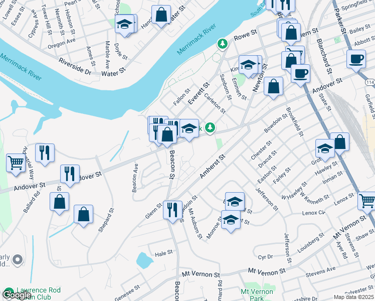 map of restaurants, bars, coffee shops, grocery stores, and more near 581 Andover Street in Lawrence