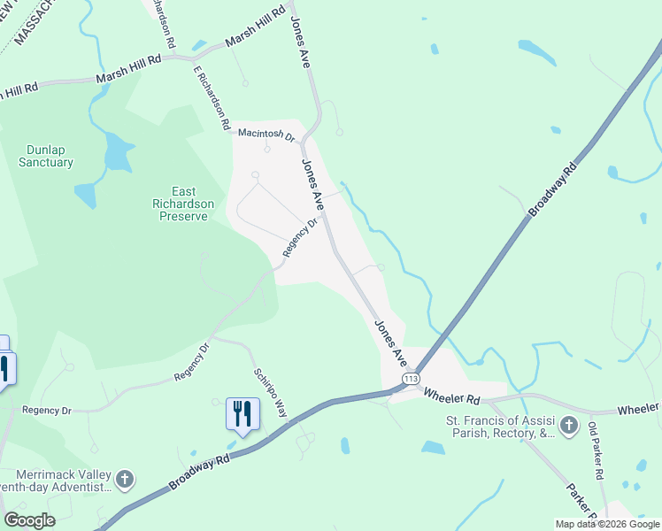 map of restaurants, bars, coffee shops, grocery stores, and more near 160 Jones Avenue in Dracut