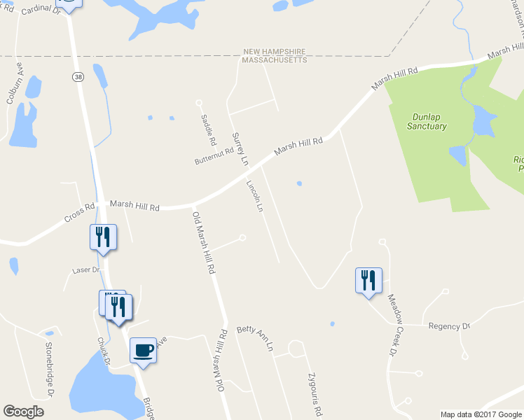 map of restaurants, bars, coffee shops, grocery stores, and more near 54 Lincoln Lane in Dracut