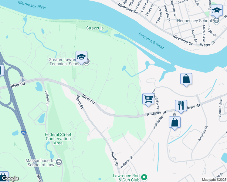 map of restaurants, bars, coffee shops, grocery stores, and more near 1 Riverside Drive in Andover