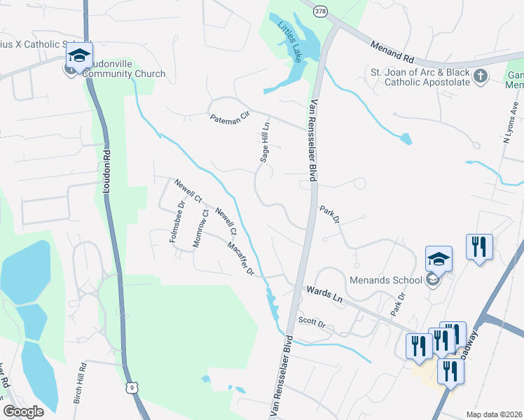 map of restaurants, bars, coffee shops, grocery stores, and more near 6 Sage Hill Lane in Menands