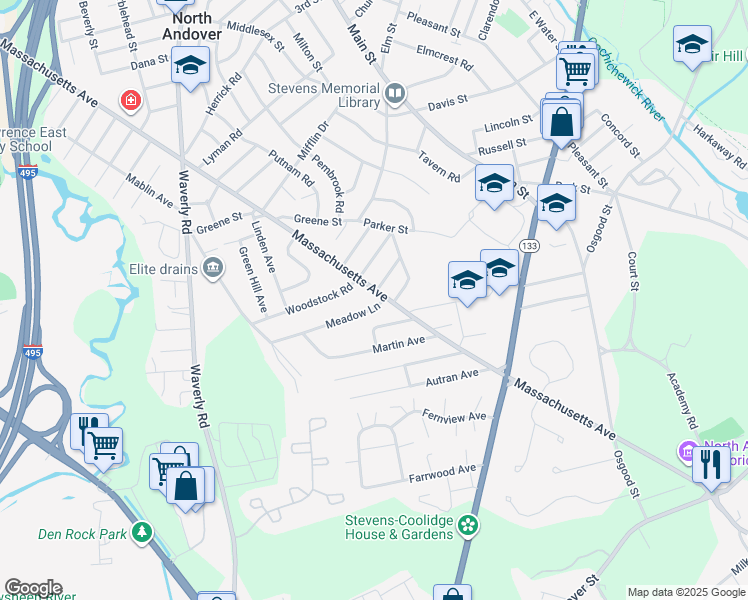 map of restaurants, bars, coffee shops, grocery stores, and more near 1 Meadow Lane in North Andover