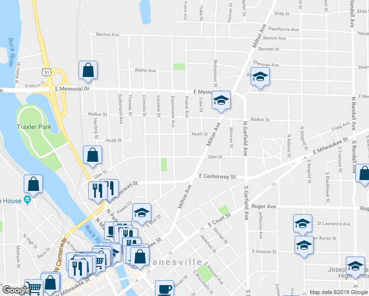 map of restaurants, bars, coffee shops, grocery stores, and more near 515 Prairie Avenue in Janesville