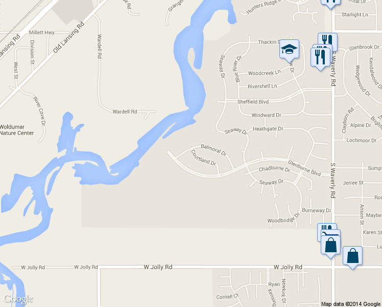 map of restaurants, bars, coffee shops, grocery stores, and more near 4325 Balmoral Drive in Lansing