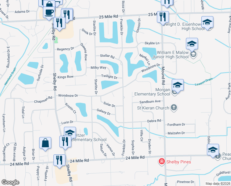 map of restaurants, bars, coffee shops, grocery stores, and more near 5132 Woodmire Drive in Macomb County