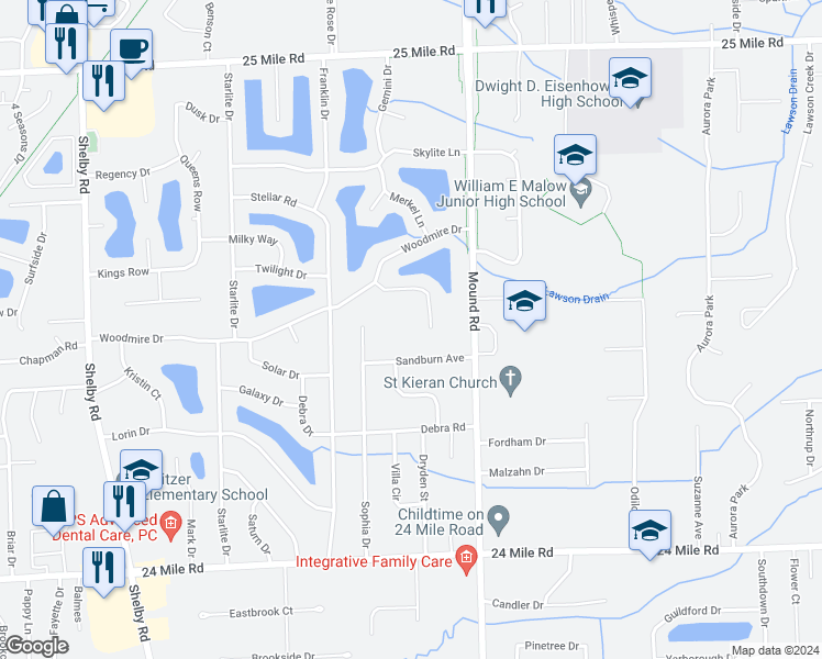 map of restaurants, bars, coffee shops, grocery stores, and more near 5660 Celestial Court in Macomb County