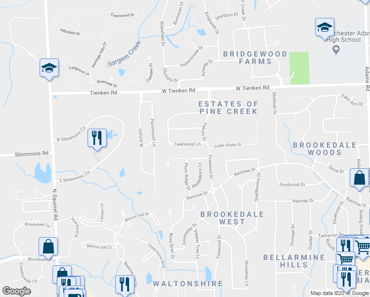 map of restaurants, bars, coffee shops, grocery stores, and more near 3847 Teakwood Lane in Rochester