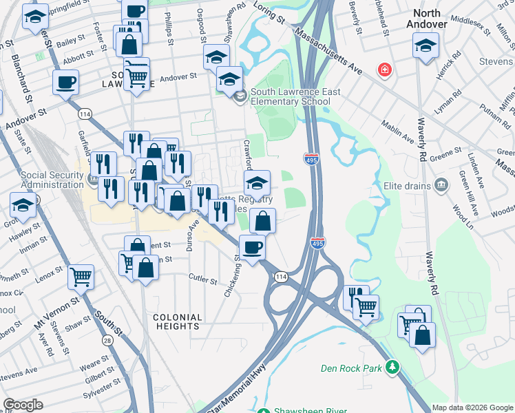 map of restaurants, bars, coffee shops, grocery stores, and more near 6 Chickering Rd in Lawrence