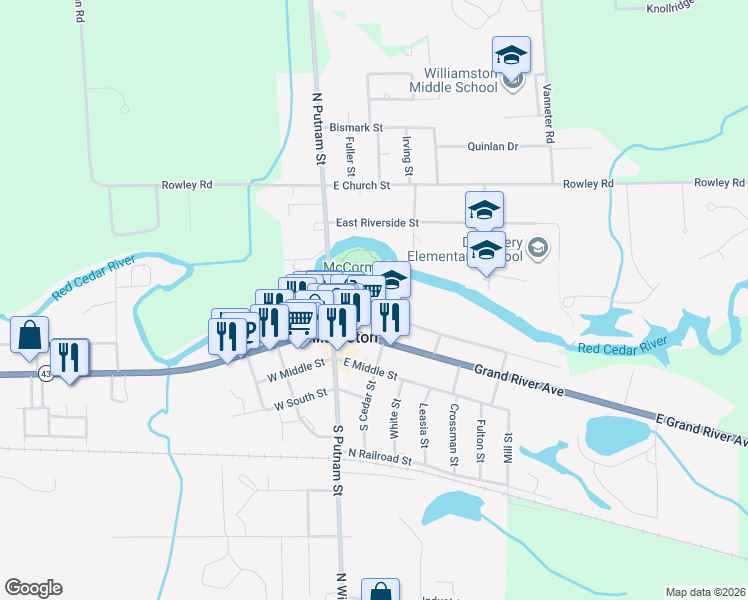 map of restaurants, bars, coffee shops, grocery stores, and more near 133 High Street in Williamston