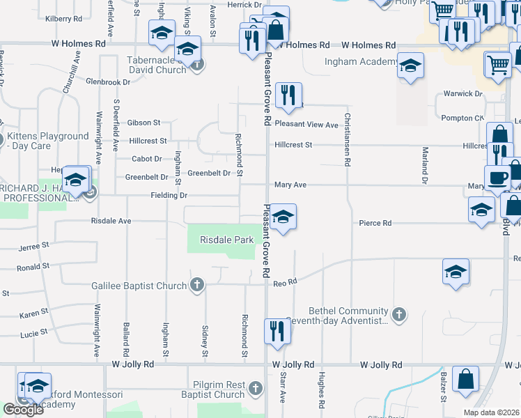 map of restaurants, bars, coffee shops, grocery stores, and more near 2203 Risdale Avenue in Lansing