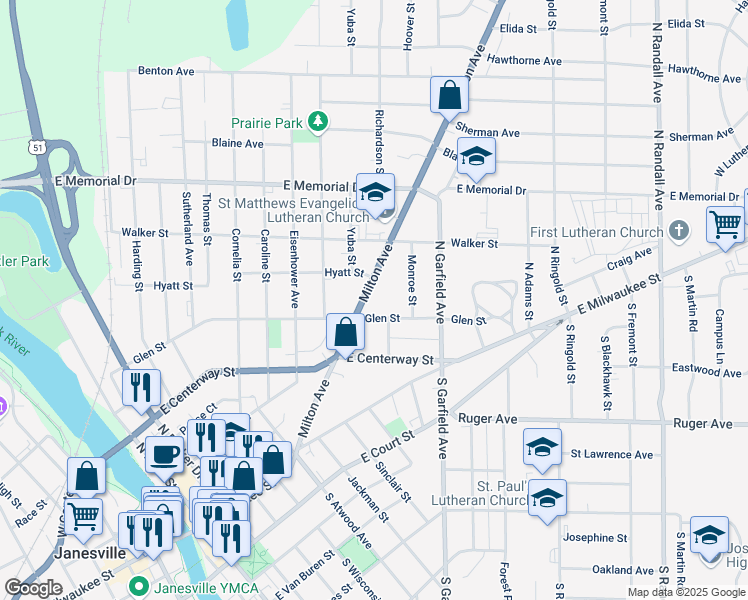 map of restaurants, bars, coffee shops, grocery stores, and more near 517 Milton Avenue in Janesville
