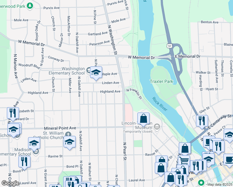 map of restaurants, bars, coffee shops, grocery stores, and more near 1321 Highland Avenue in Janesville