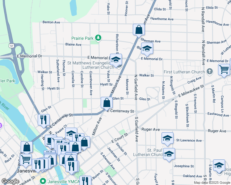 map of restaurants, bars, coffee shops, grocery stores, and more near 517 Milton Avenue in Janesville