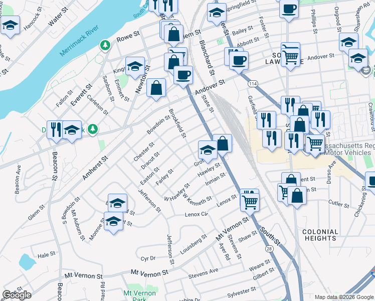 map of restaurants, bars, coffee shops, grocery stores, and more near 37 Farley Street in Lawrence