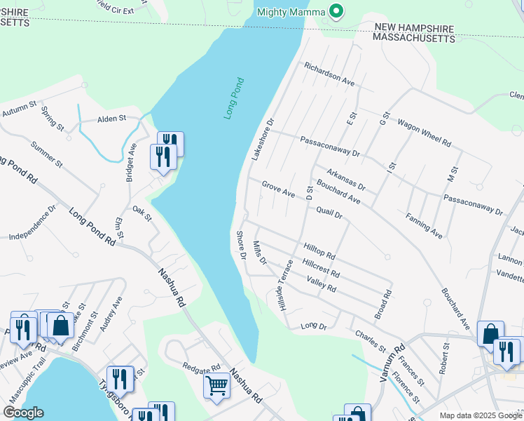 map of restaurants, bars, coffee shops, grocery stores, and more near 13 A Street in Dracut