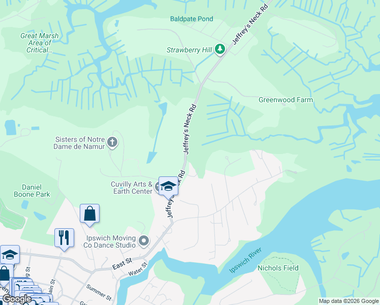 map of restaurants, bars, coffee shops, grocery stores, and more near 21 Jeffrey's Neck Road in Ipswich