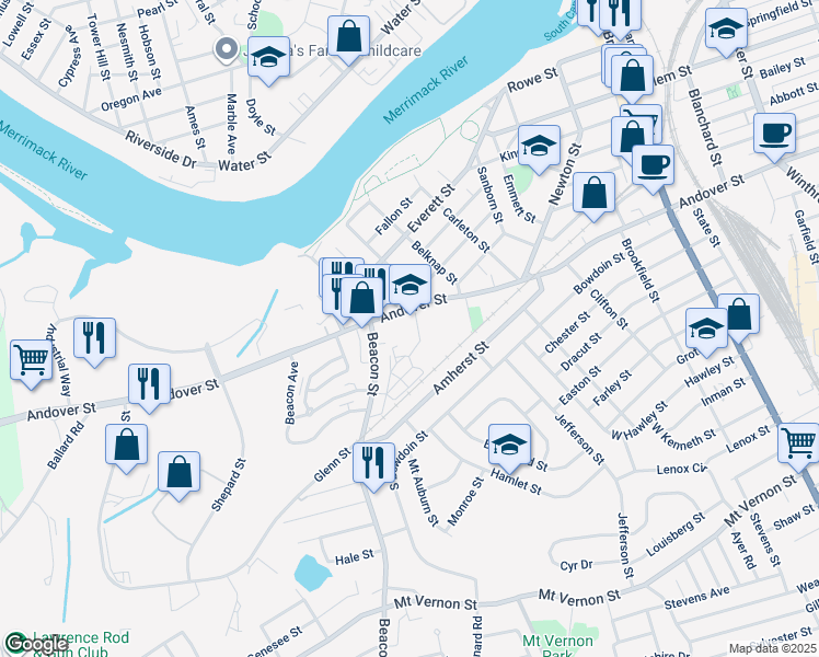 map of restaurants, bars, coffee shops, grocery stores, and more near 14 Diamond Street in Lawrence