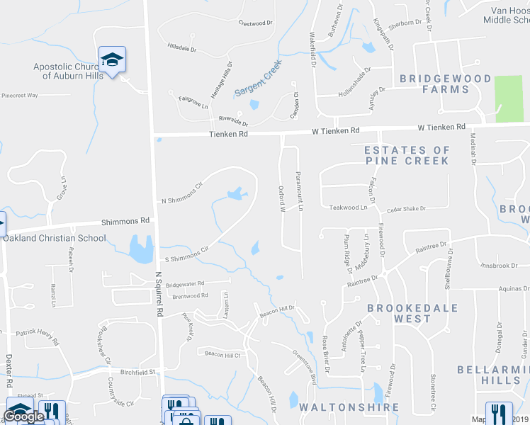 map of restaurants, bars, coffee shops, grocery stores, and more near 3780 South Shimmons Circle in Auburn Hills