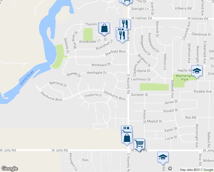 map of restaurants, bars, coffee shops, grocery stores, and more near 4319 MacDougal Circle in Lansing