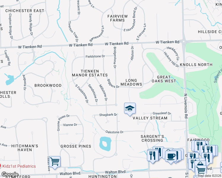 map of restaurants, bars, coffee shops, grocery stores, and more near 1469 Biggers Drive in Rochester Hills