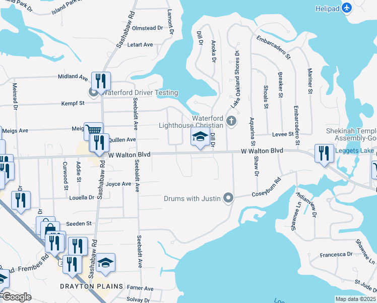 map of restaurants, bars, coffee shops, grocery stores, and more near 3860 West Walton Boulevard in Waterford Township