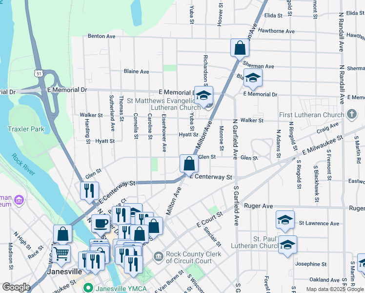 map of restaurants, bars, coffee shops, grocery stores, and more near 515 Prairie Avenue in Janesville