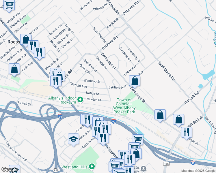 map of restaurants, bars, coffee shops, grocery stores, and more near 66 Braintree Street in Albany
