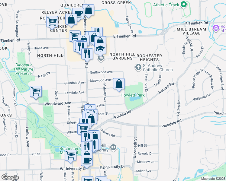 map of restaurants, bars, coffee shops, grocery stores, and more near 343 Highland Avenue in Rochester