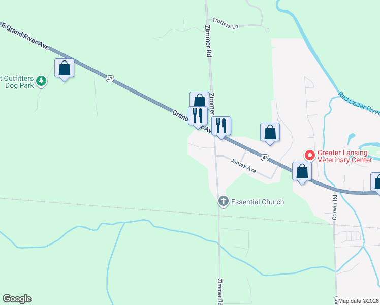 map of restaurants, bars, coffee shops, grocery stores, and more near 1212 Zimmer Place in Williamston