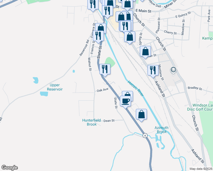 map of restaurants, bars, coffee shops, grocery stores, and more near 343 Oak Avenue in North Adams