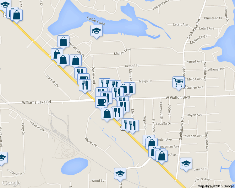 map of restaurants, bars, coffee shops, grocery stores, and more near 4668 West Walton Boulevard in Waterford Township