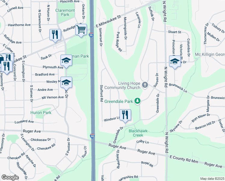 map of restaurants, bars, coffee shops, grocery stores, and more near 631 Wexford Road in Janesville