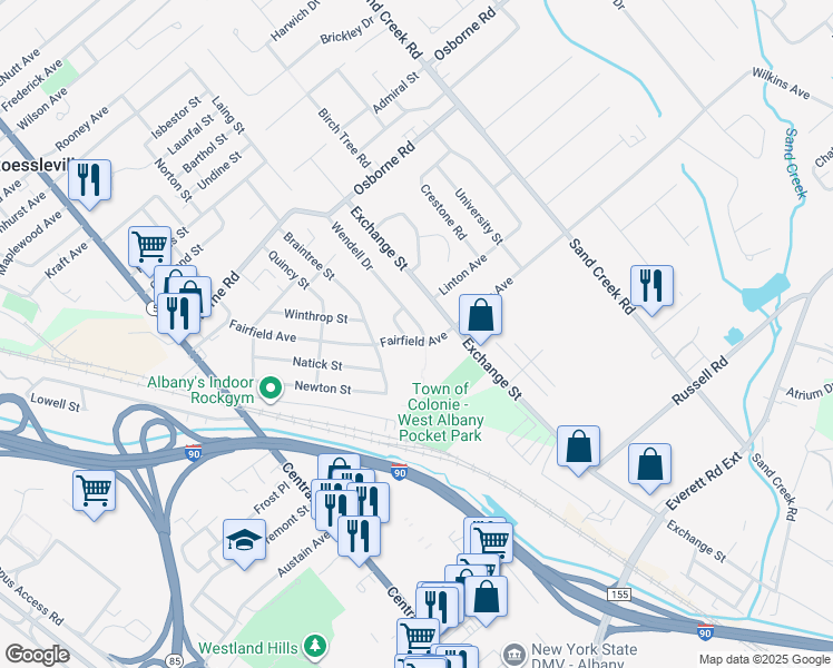 map of restaurants, bars, coffee shops, grocery stores, and more near 35 Wendell Drive in Albany