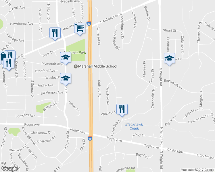 map of restaurants, bars, coffee shops, grocery stores, and more near 631 Wexford Road in Janesville