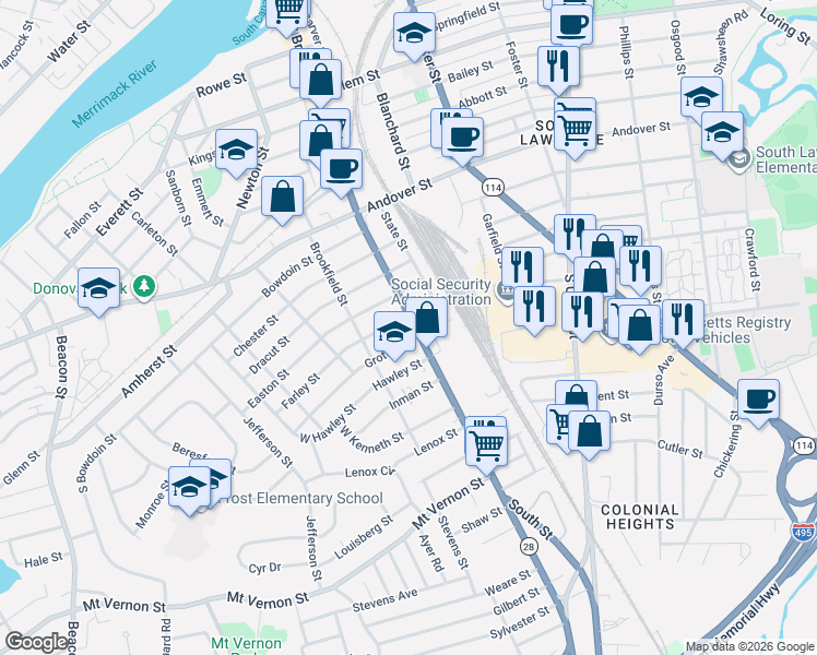 map of restaurants, bars, coffee shops, grocery stores, and more near 17 Groton Street in Lawrence