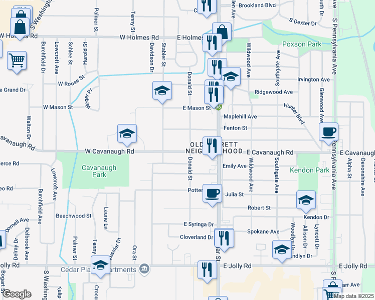 map of restaurants, bars, coffee shops, grocery stores, and more near 222 East Cavanaugh Road in Lansing