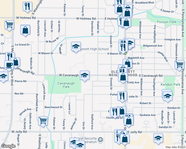 map of restaurants, bars, coffee shops, grocery stores, and more near 115 West Cavanaugh Road in Lansing