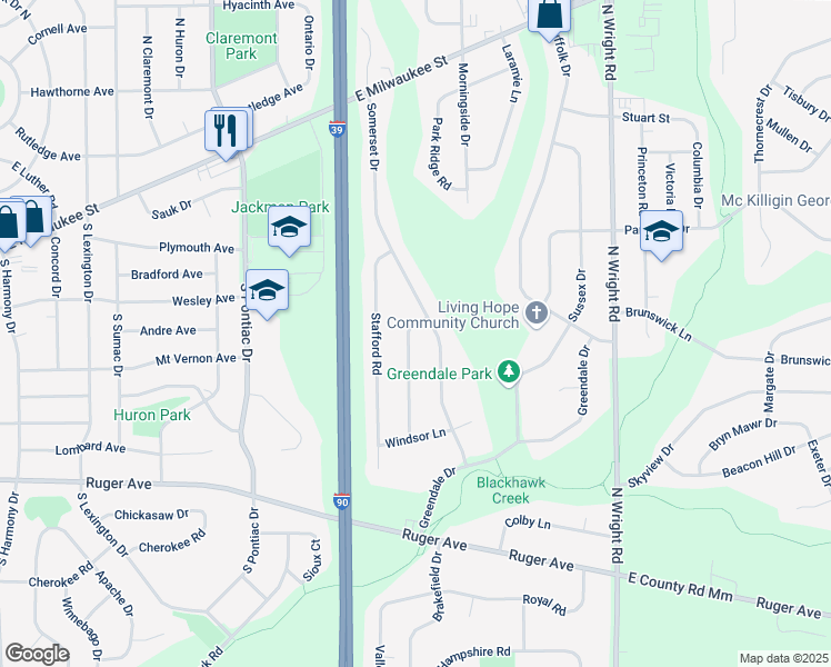 map of restaurants, bars, coffee shops, grocery stores, and more near 631 Wexford Road in Janesville