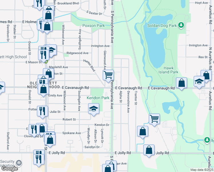 map of restaurants, bars, coffee shops, grocery stores, and more near 4215 Glenwood Avenue in Lansing