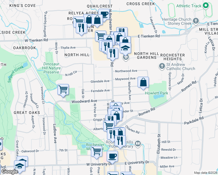 map of restaurants, bars, coffee shops, grocery stores, and more near 1129 North Main Street in Rochester