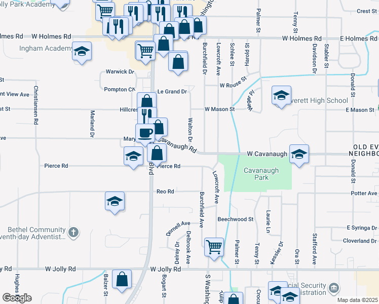 map of restaurants, bars, coffee shops, grocery stores, and more near 819 West Cavanaugh Road in Lansing