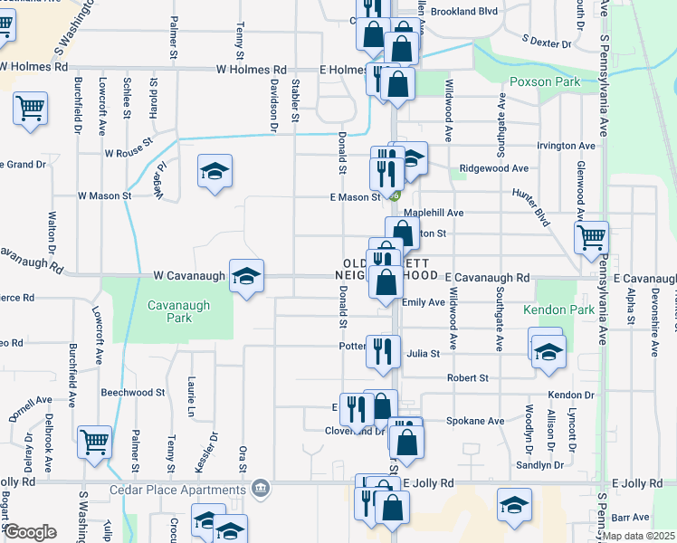 map of restaurants, bars, coffee shops, grocery stores, and more near 222 East Cavanaugh Road in Lansing
