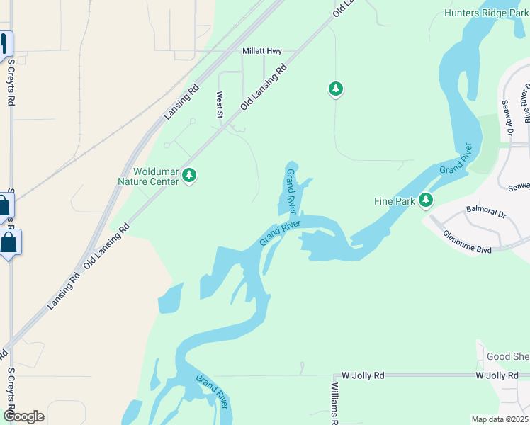 map of restaurants, bars, coffee shops, grocery stores, and more near 4133 River Cove Drive in Lansing