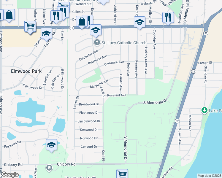 map of restaurants, bars, coffee shops, grocery stores, and more near 2600 Rosalind Avenue in Racine